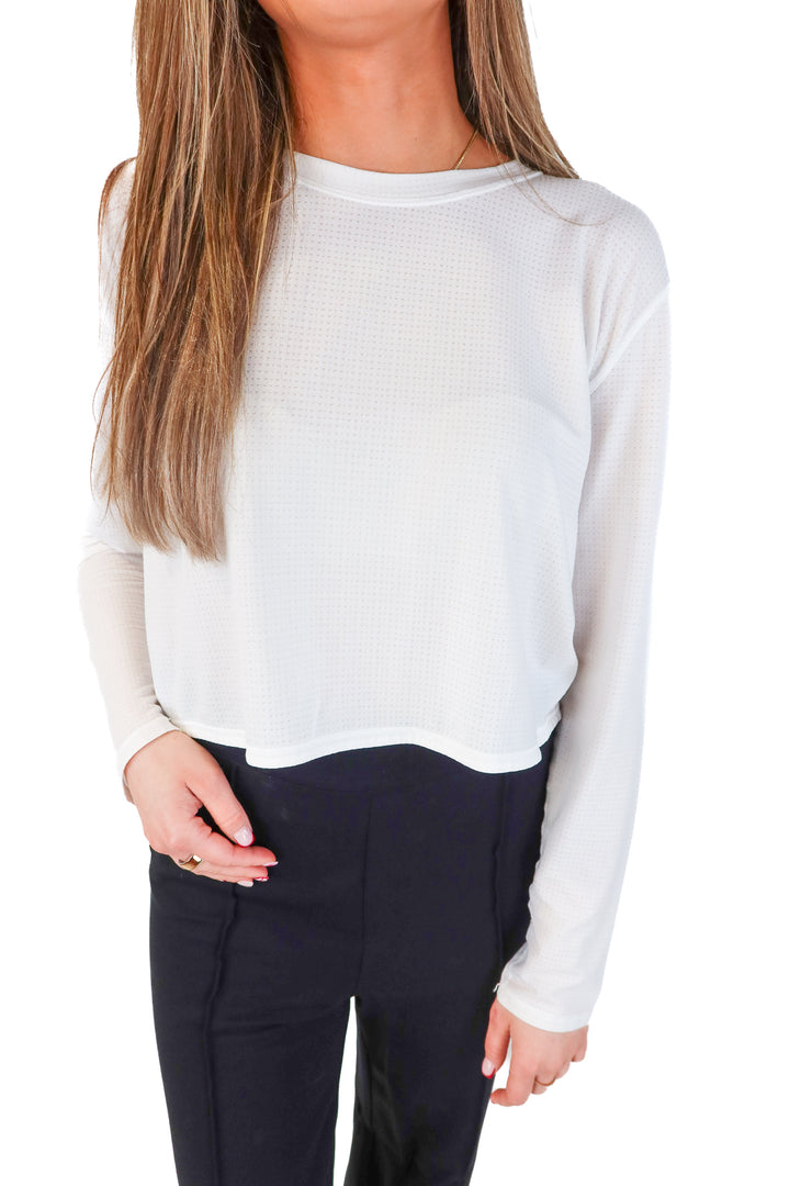 lululemon white netted long sleeve top (8; retail $78)