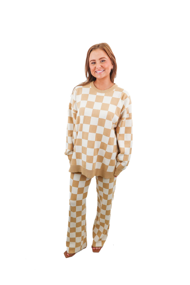 show me your mumu mustard checkered knit set (s; retail $198)