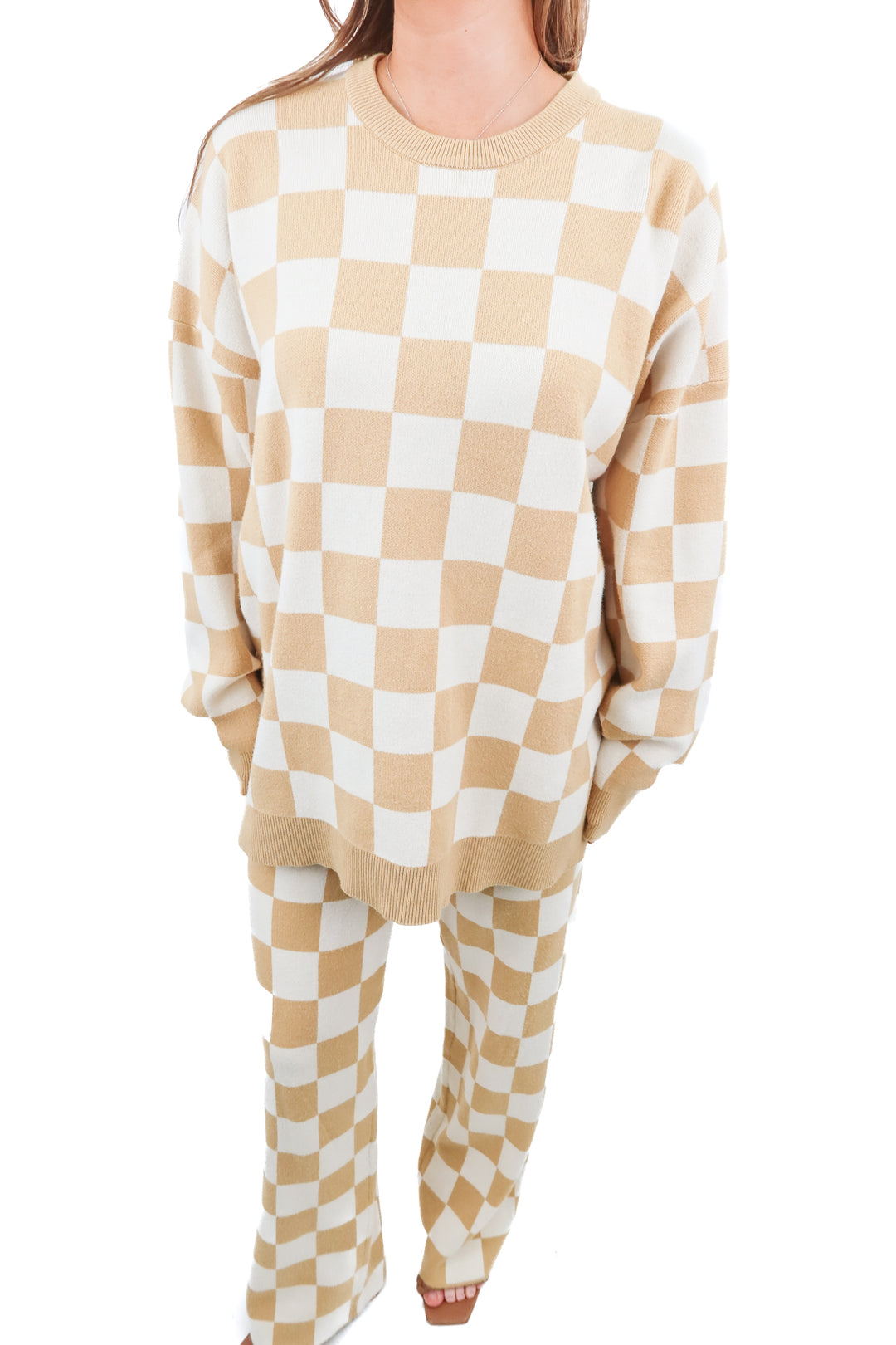 show me your mumu mustard checkered knit set (s; retail $198)