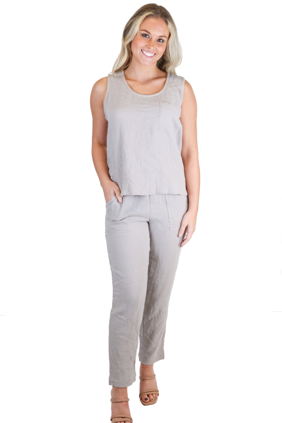 Malibu Barefoot Dreams Taupe Gauze Tank & Cropped Pant NWT (S/XS; Retail $176)