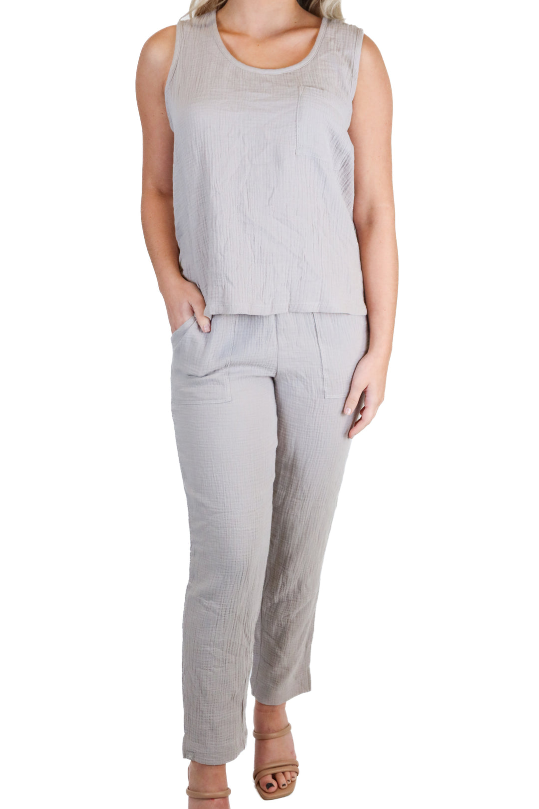 Malibu Barefoot Dreams Taupe Gauze Tank & Cropped Pant NWT (S/XS; Retail $176)