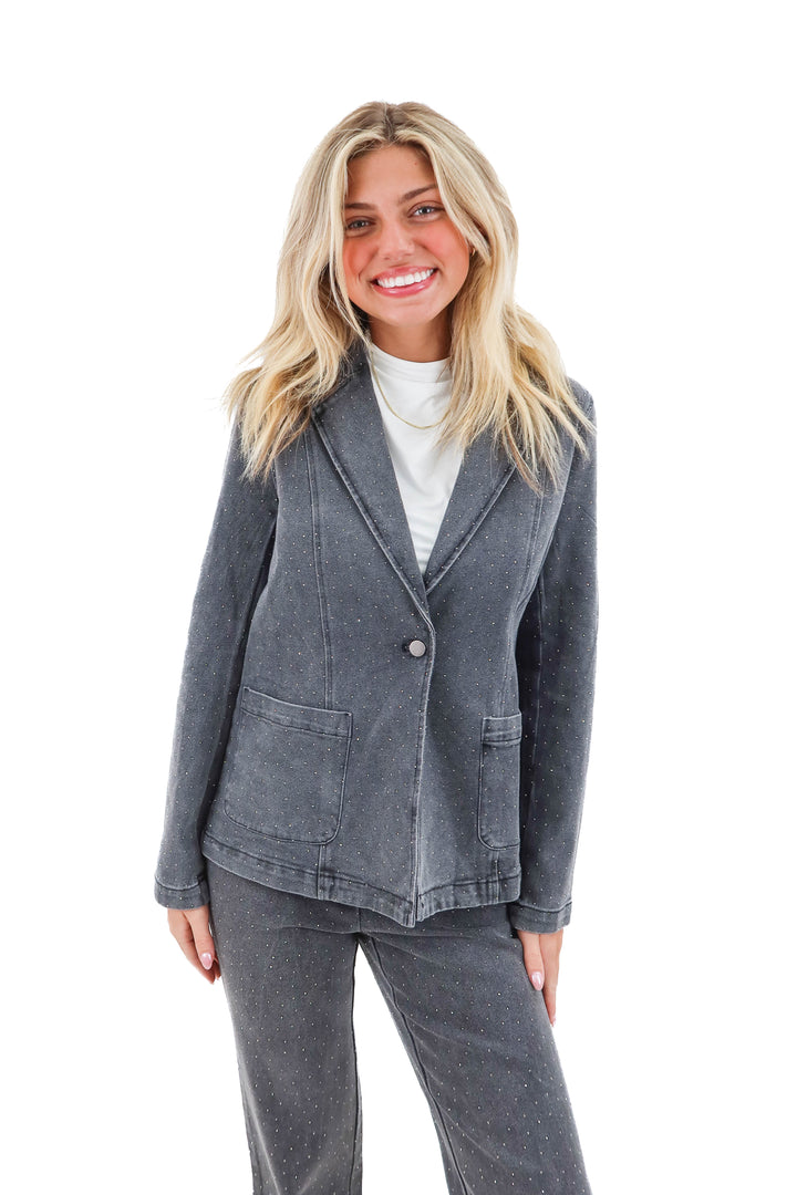 skies are blue grey rhinestone denim blazer NWT (xs; retail $100)