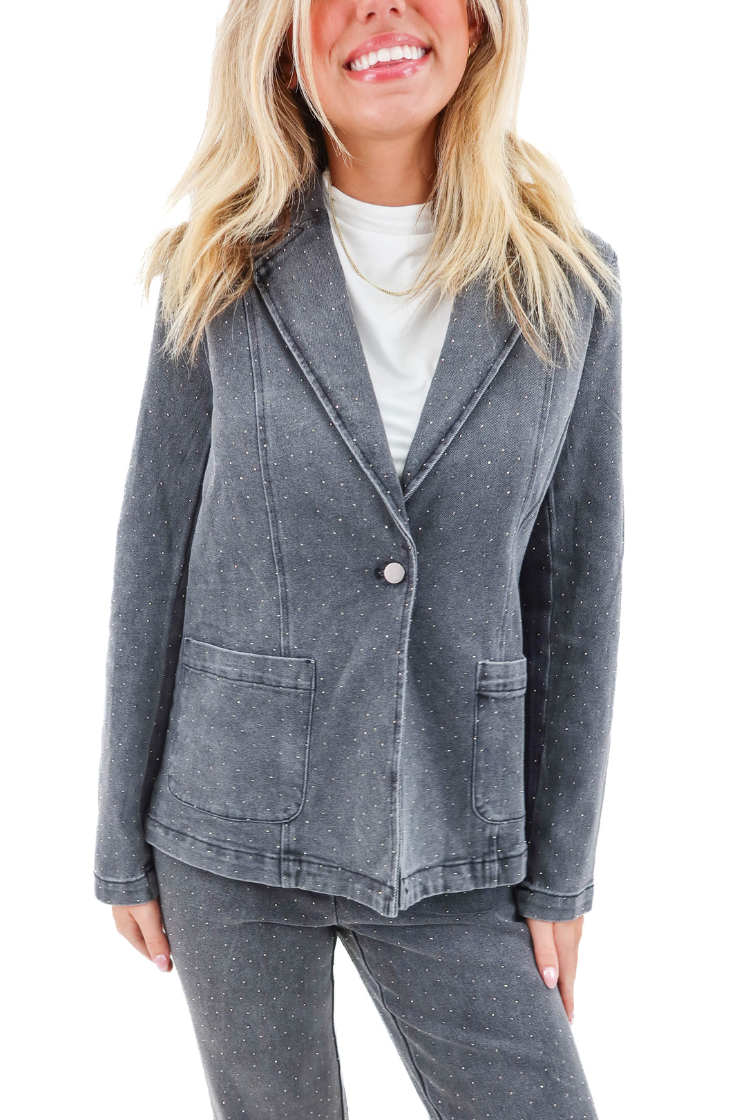 skies are blue grey rhinestone denim blazer NWT (xs; retail $100)