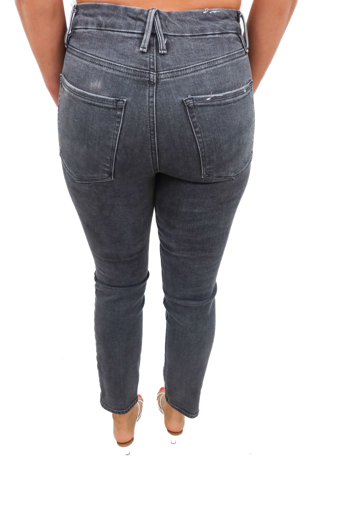 good american dark grey asymmetrical jeans (28; retail $179)