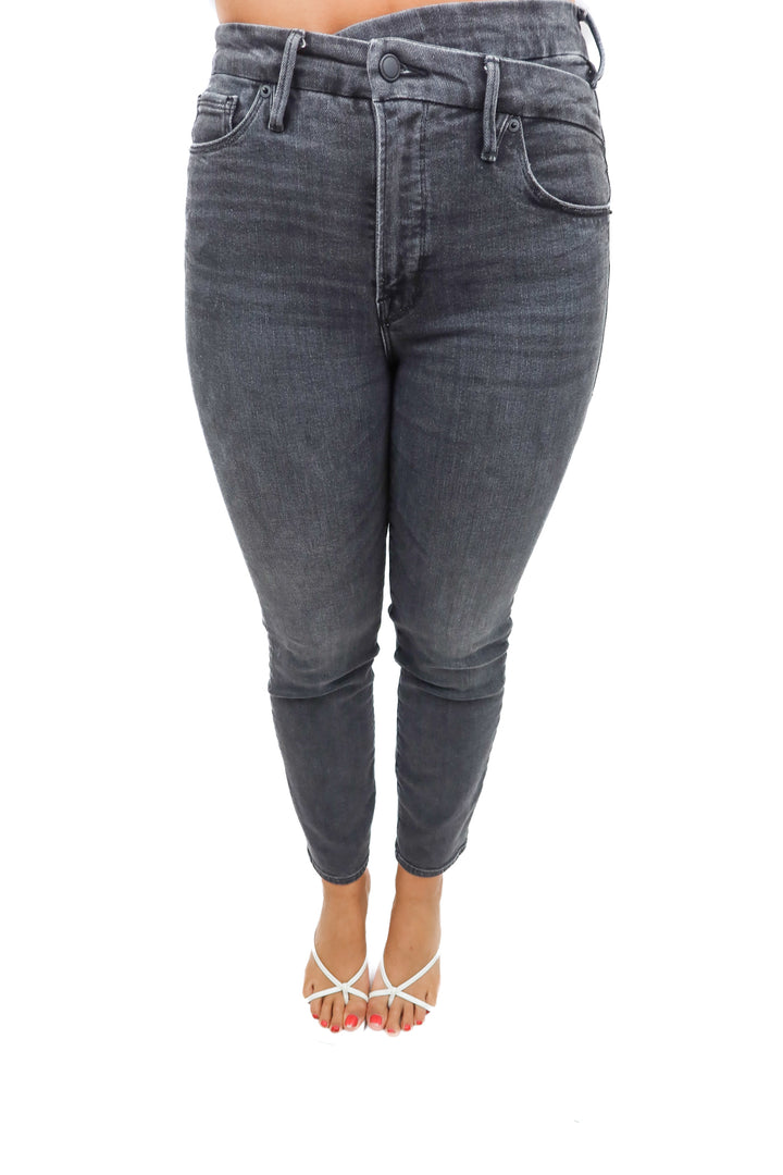 good american dark grey asymmetrical jeans (28; retail $179)