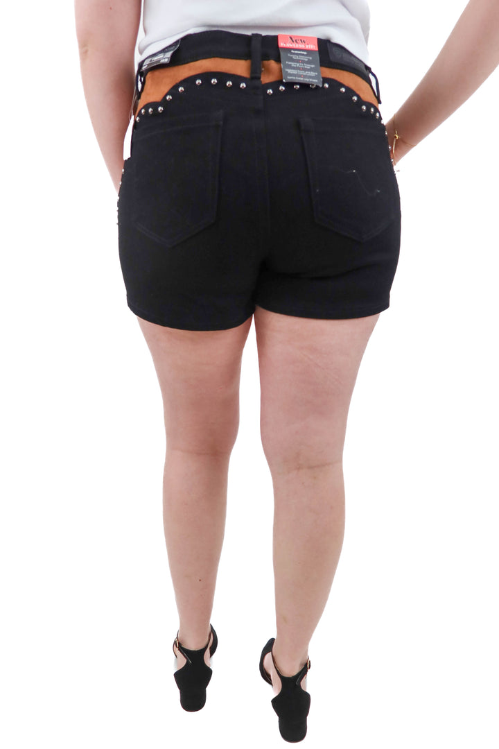 rock & roll denim black & tan studded shorts NWT (30; retail $65)