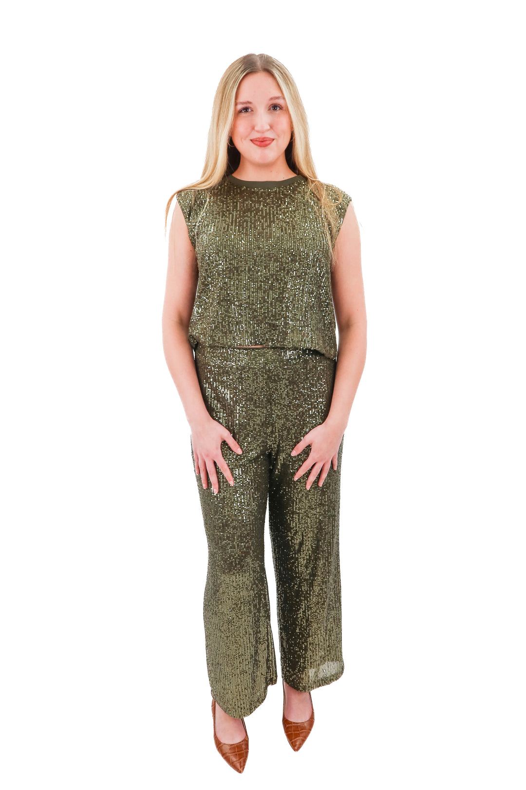 skies are blue green sequin tank and pants set NWT (l)