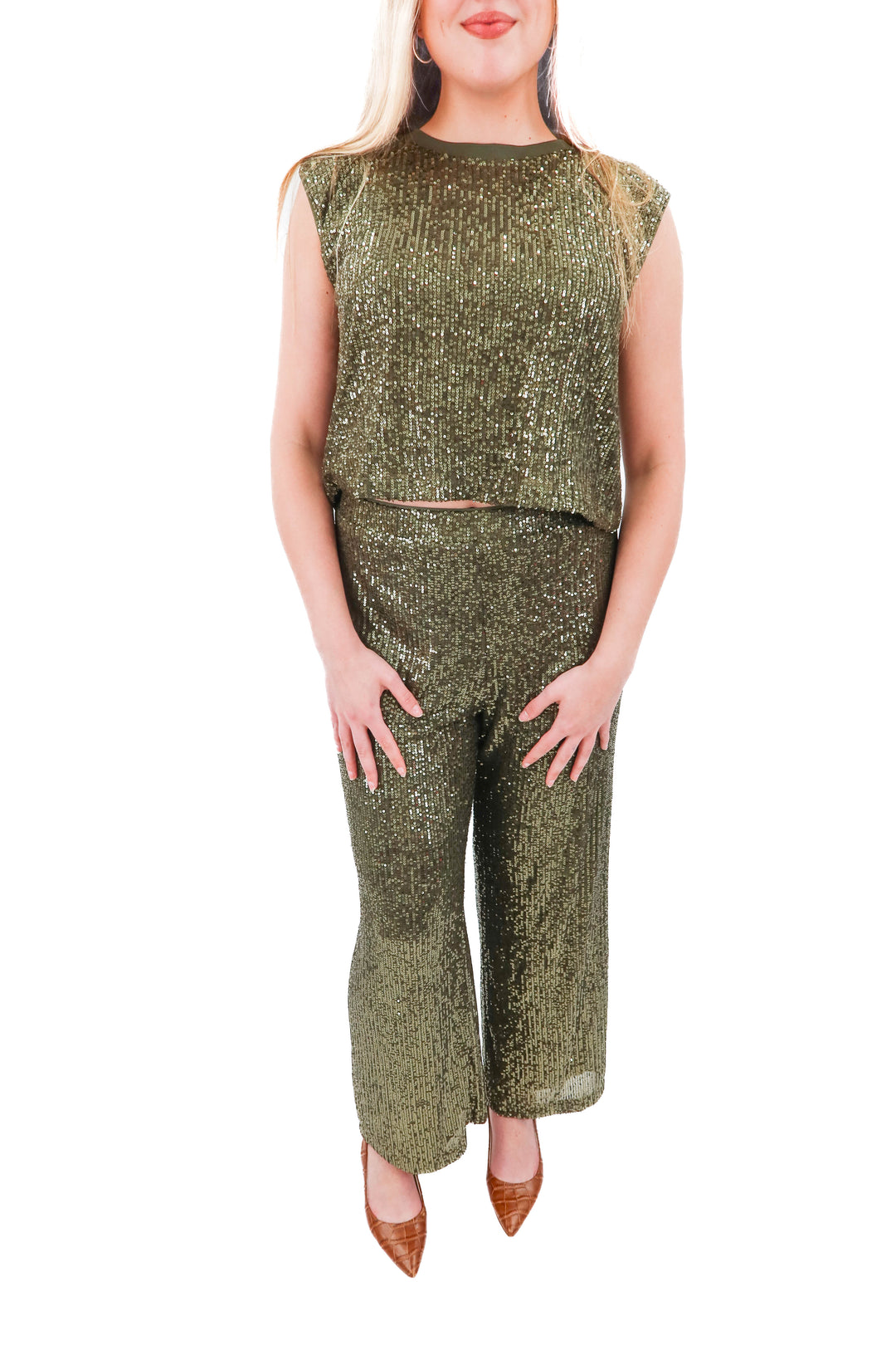 skies are blue green sequin tank and pants set NWT (l)