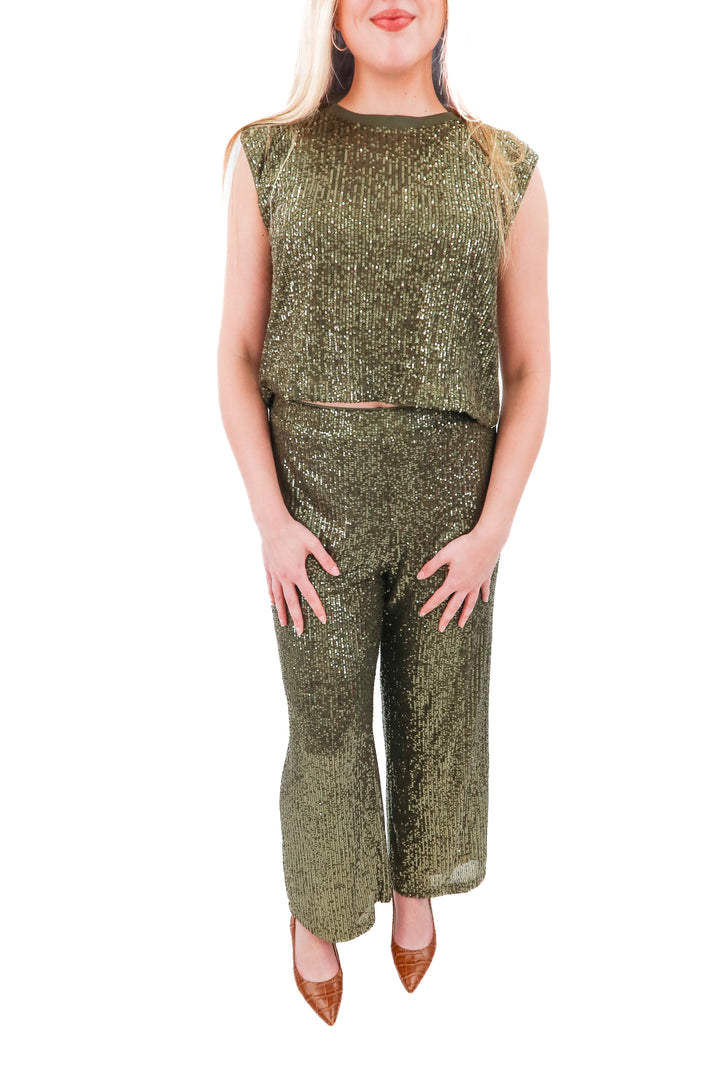 skies are blue green sequin tank and pants set NWT (l)