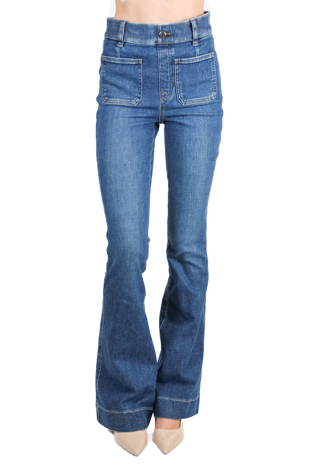 Spanx medium wash flare jeans (xs; retail $148)