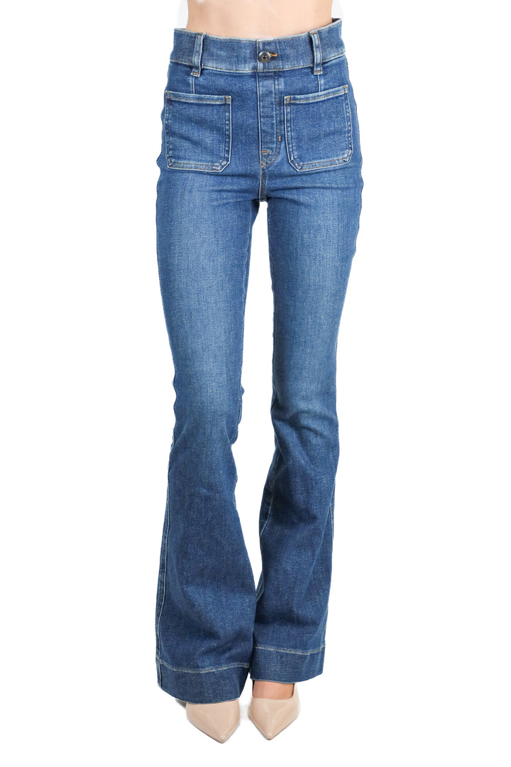 Spanx medium wash flare jeans (xs; retail $148)