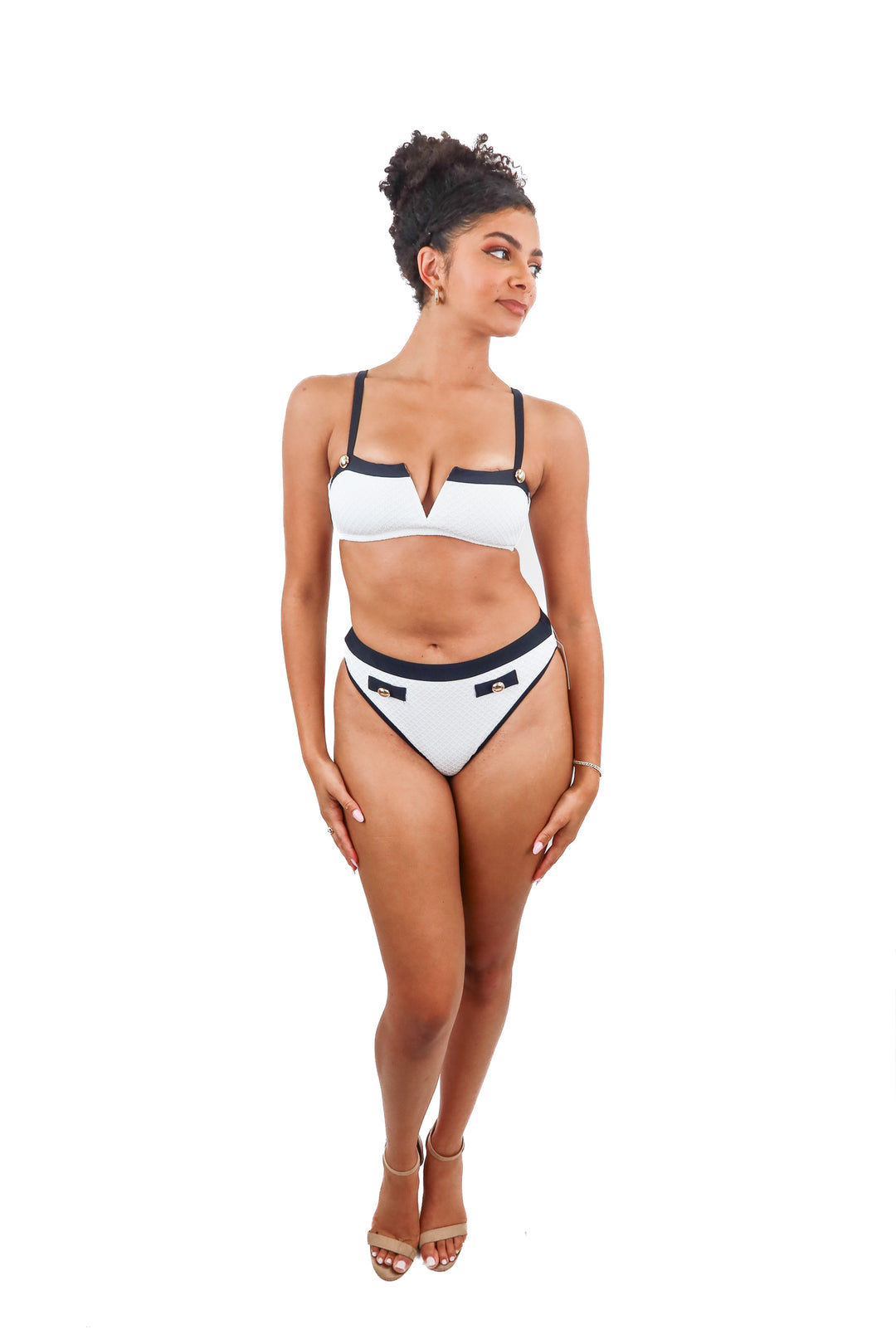 Cupshe white bikini set with black trim and gold buttons (S)