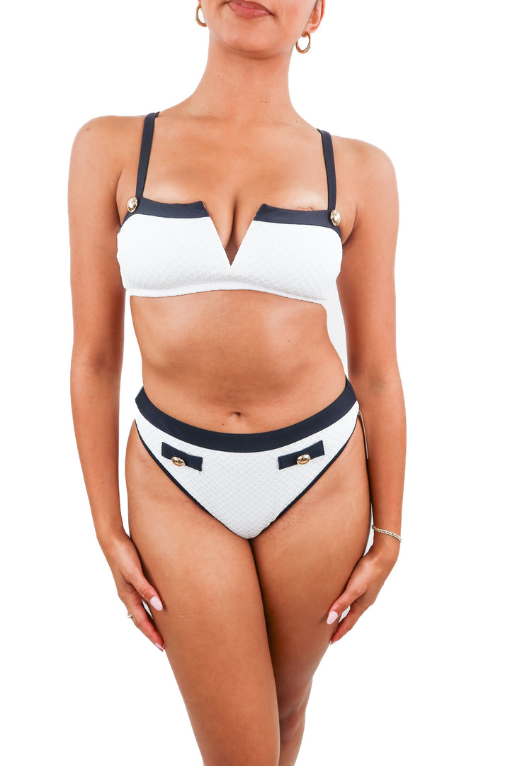 Cupshe white bikini set with black trim and gold buttons (S)