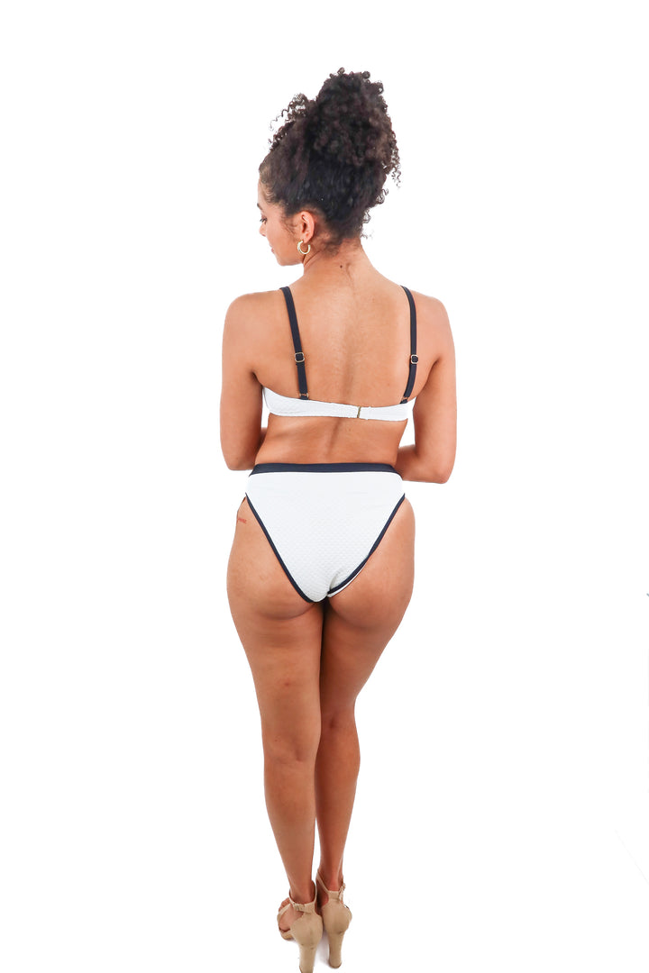 Cupshe white bikini set with black trim and gold buttons (S)