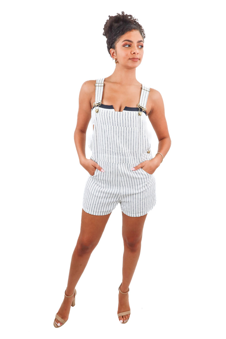 WeWoreWhat cream/blue stripe short overalls (S; retail $128)