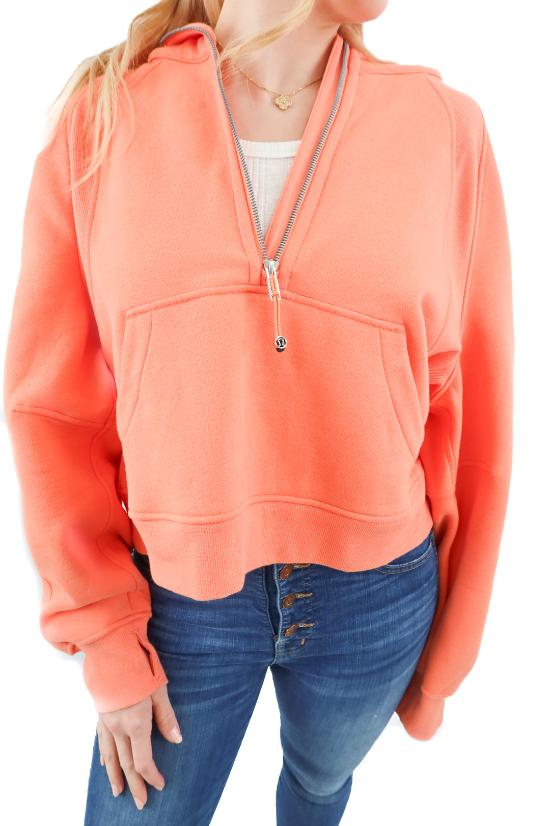 lululemon salmon orange 1/2 zip scuba jacket (M/L; retail $128)