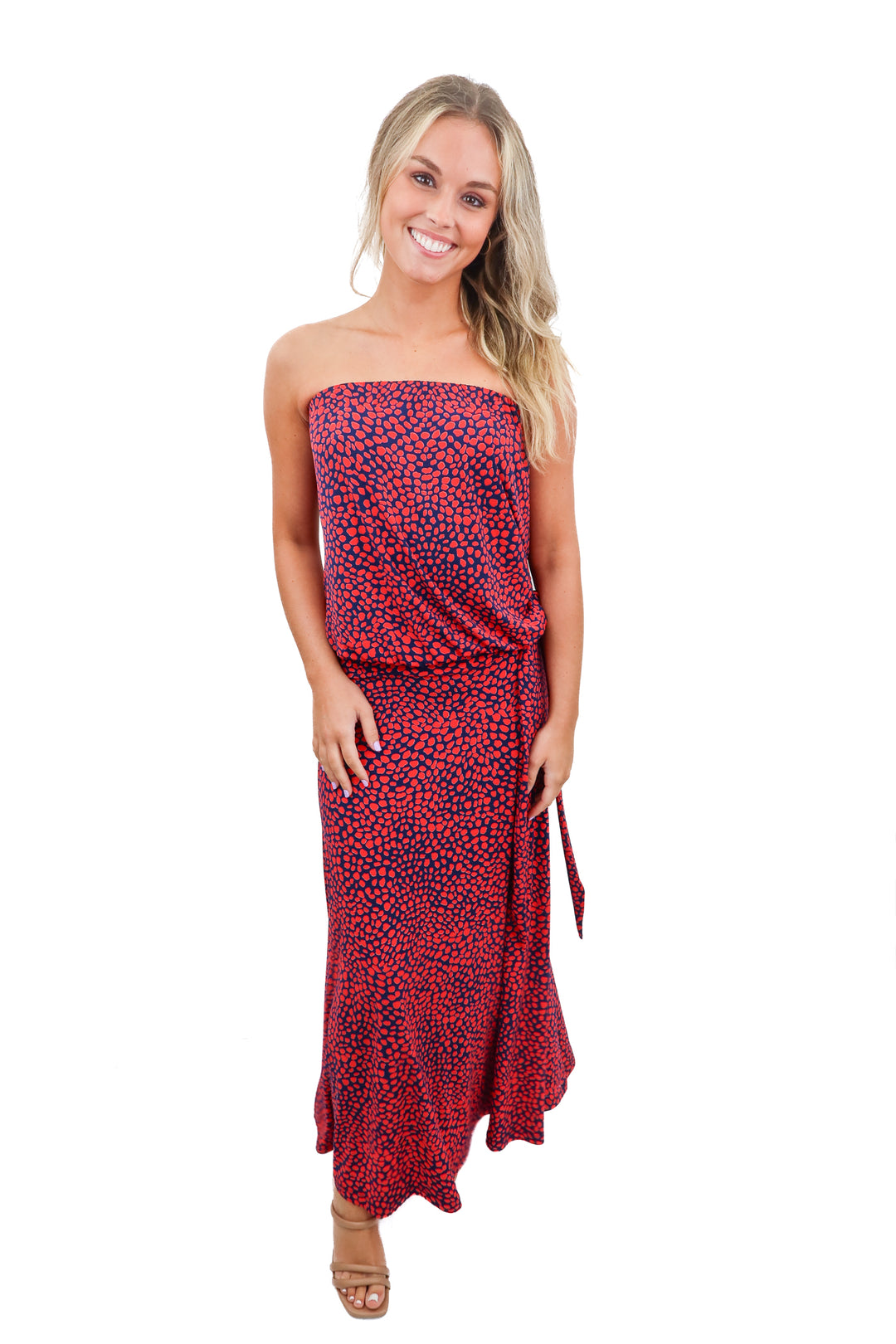 veronica m navy/red spotted strapless dress (xs)