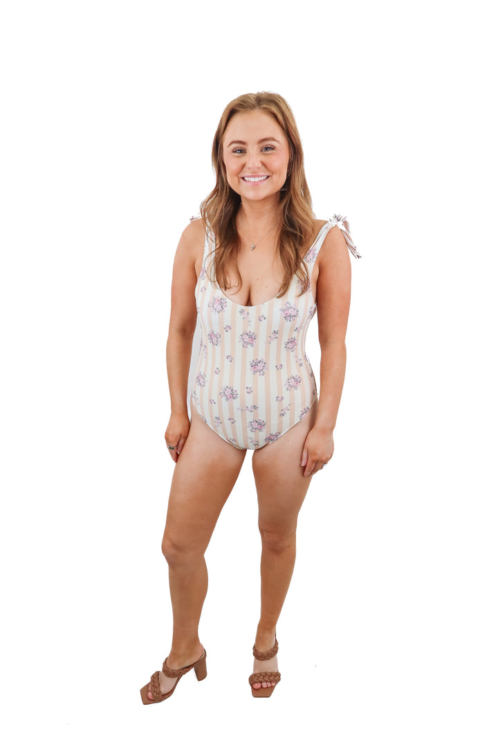 Show Me Your Mumu pink stripe/floral one piece swim set (S; retail $168)