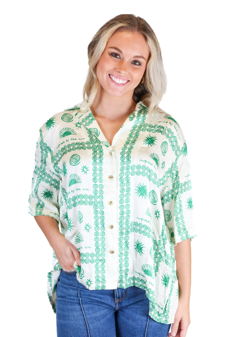 Anthropologie cream and green silk button up (s; retail $120)