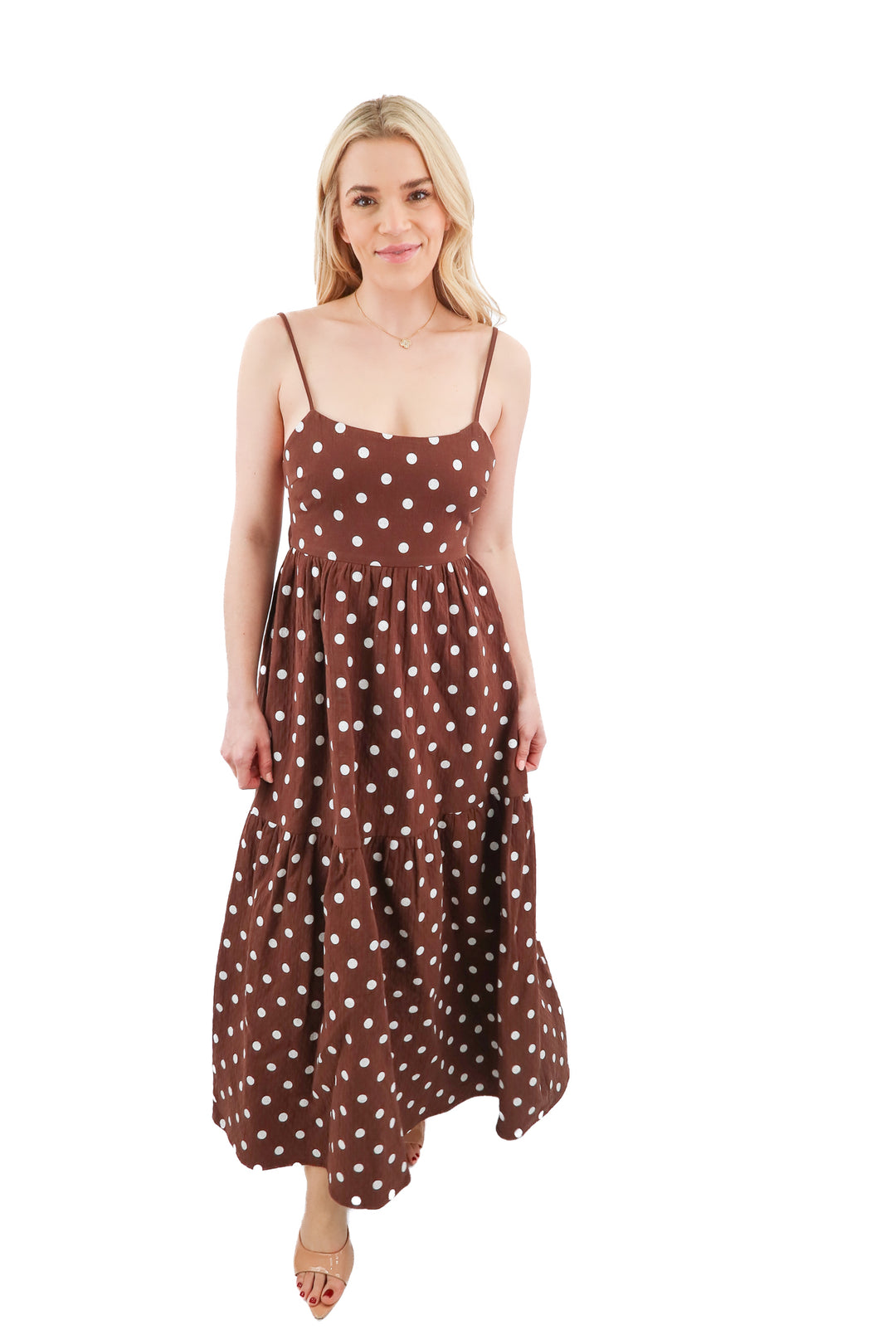 commense brown polka dot maxi dress (S; retail $69)