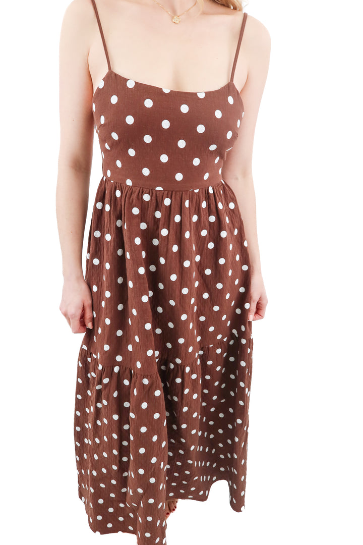 commense brown polka dot maxi dress (S; retail $69)