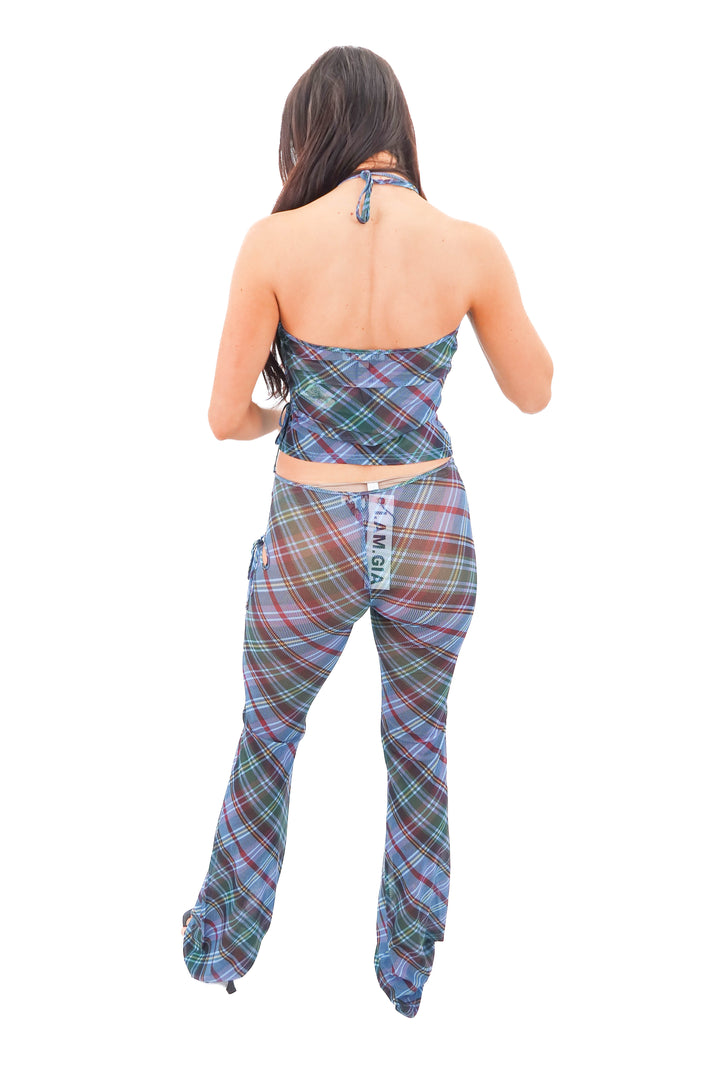 i.am.gia blue plaid mesh viola top & pants set nwt (s; retail $158)