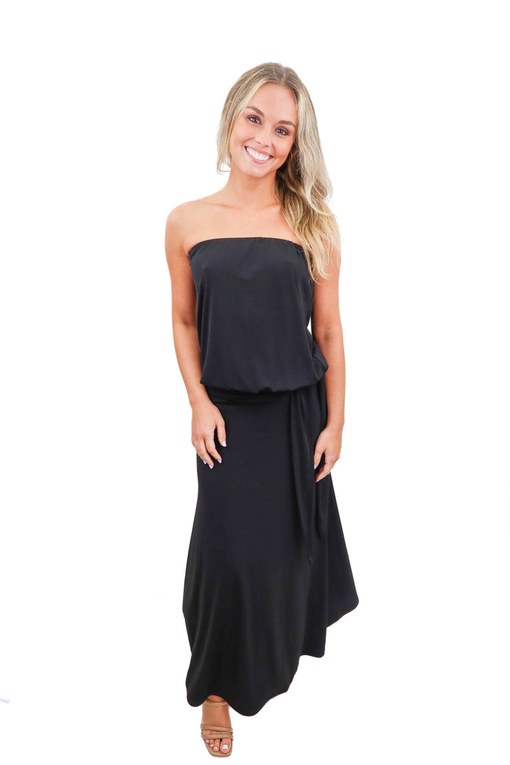 veronica m strapless black maxi dress (xs)