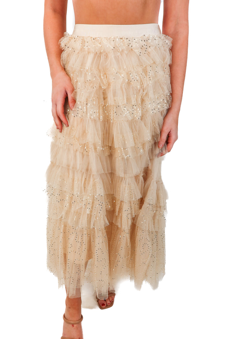 beulah gold ruffle maxi skirt NWT (s; retail $125)