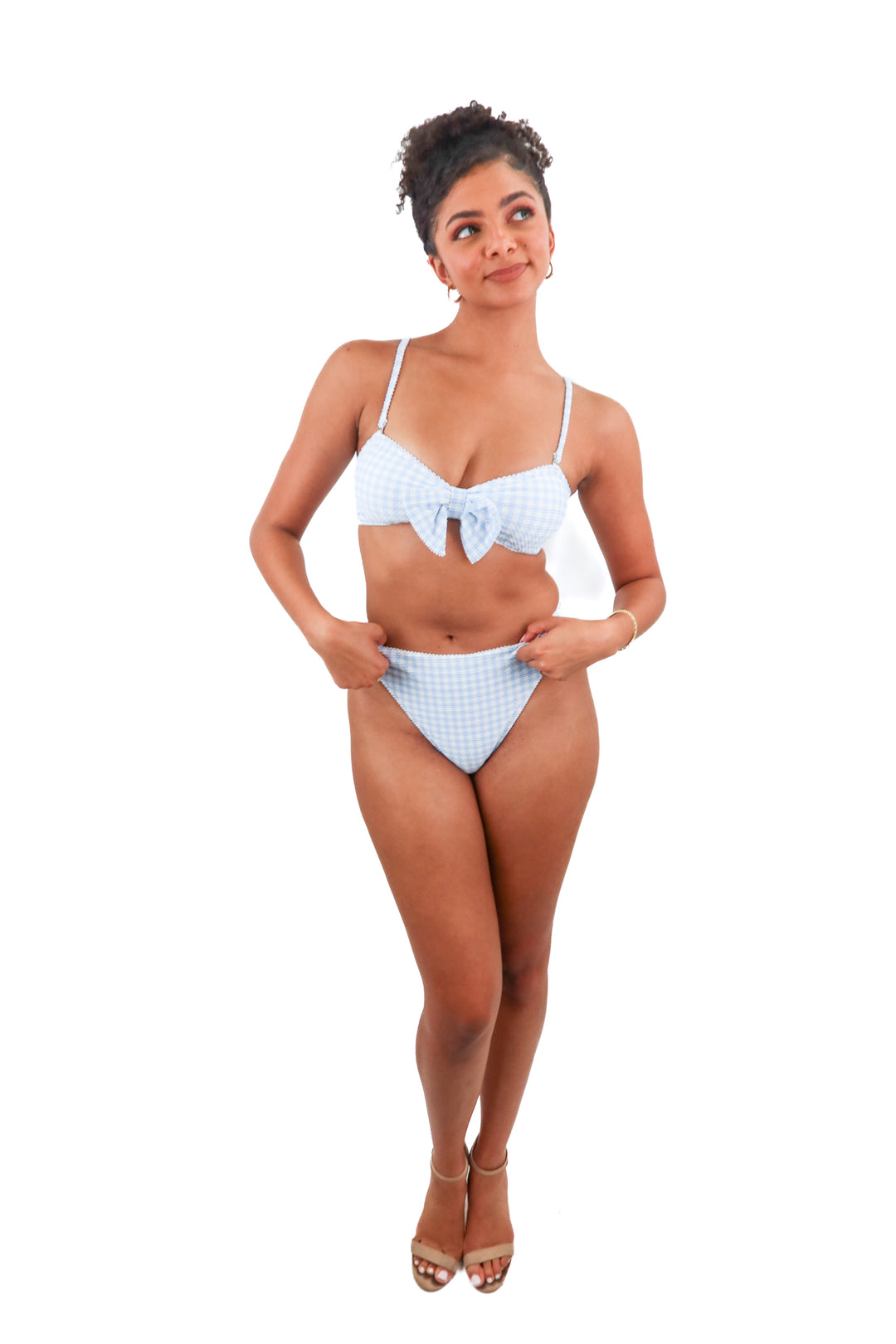 Cupshe x Kelsey Anderon blue gingham crinkle swim set (S)