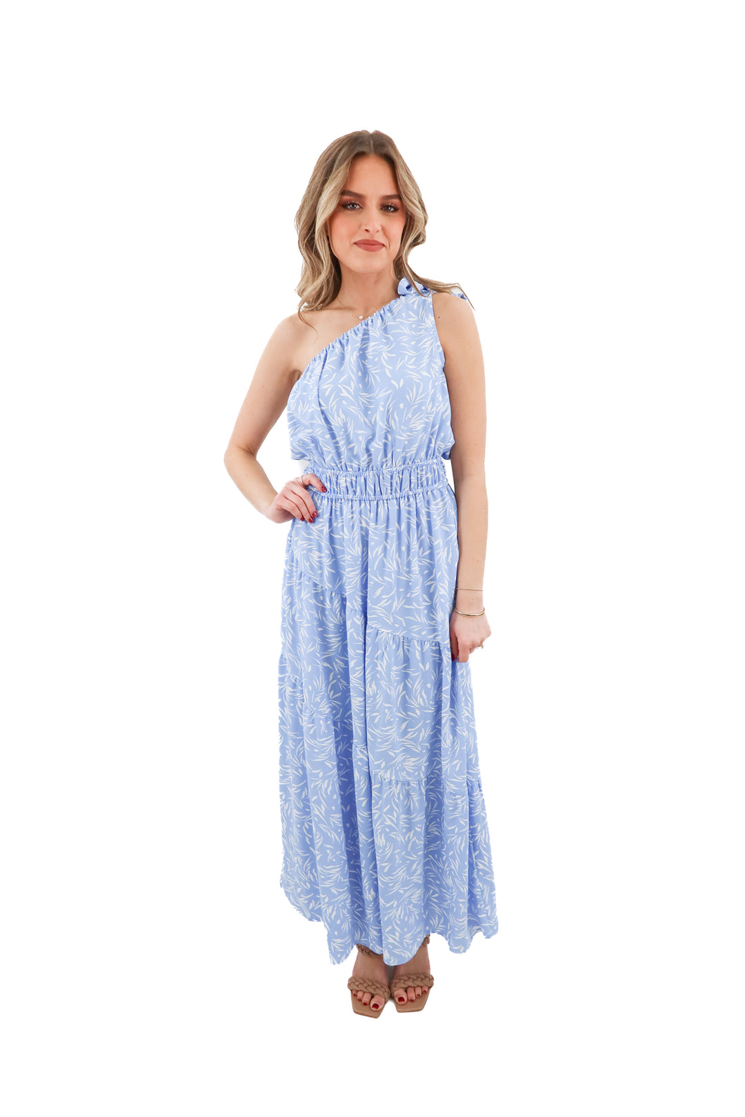 Gibsonlook one shoulder blue and white pattern maxi dress NWT (XS; retail $89)