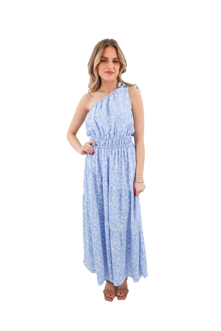 Gibsonlook one shoulder blue and white pattern maxi dress NWT (XS; retail $89)