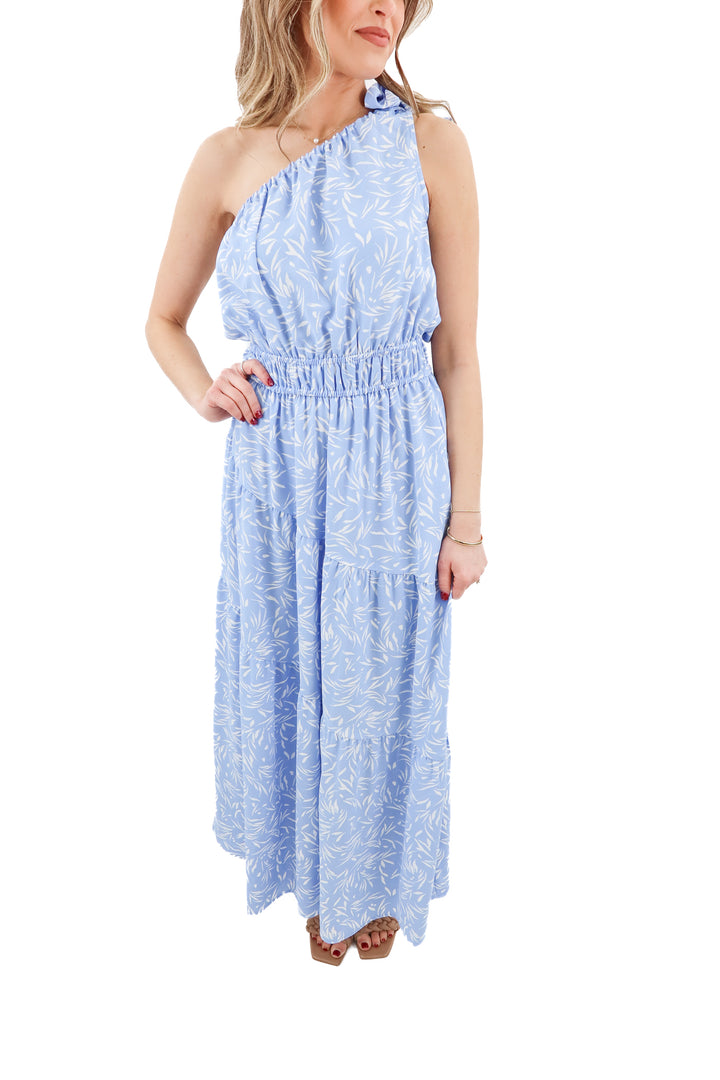 Gibsonlook one shoulder blue and white pattern maxi dress NWT (XS; retail $89)