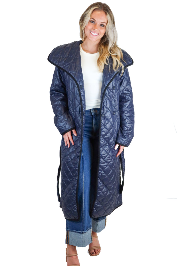 ann taylor navy blue long puffer coat (xs; retail $248)