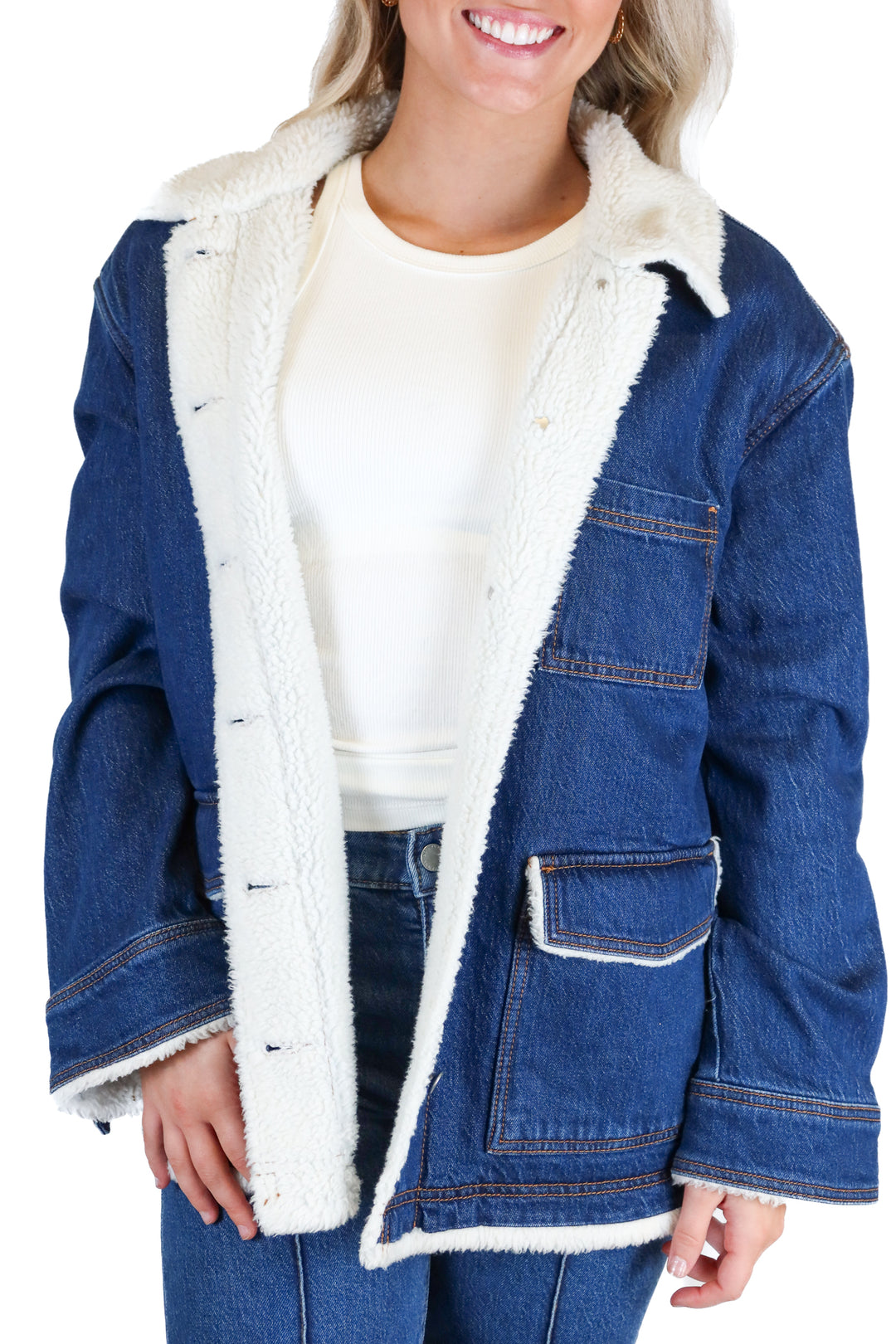 ann taylor dark wash denim jacket with sherpa lining (s; retail $189)