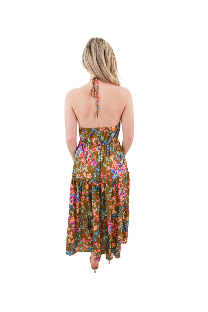 Mine brown floral high neck maxi dress (M)