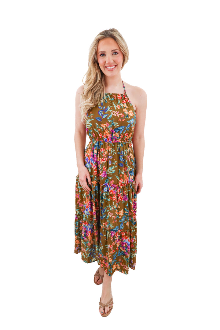 Mine brown floral high neck maxi dress (M)