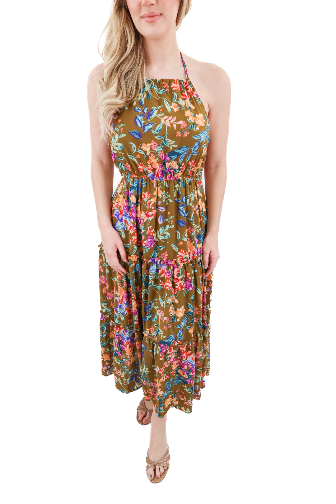 Mine brown floral high neck maxi dress (M)