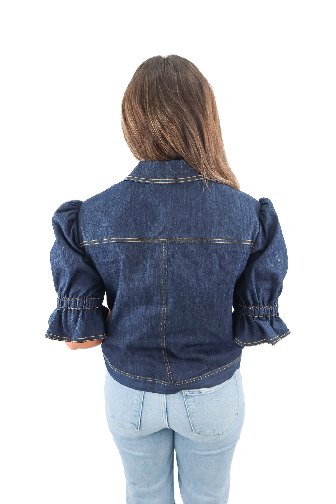 cinq a sept denim zip up top (L; $295)