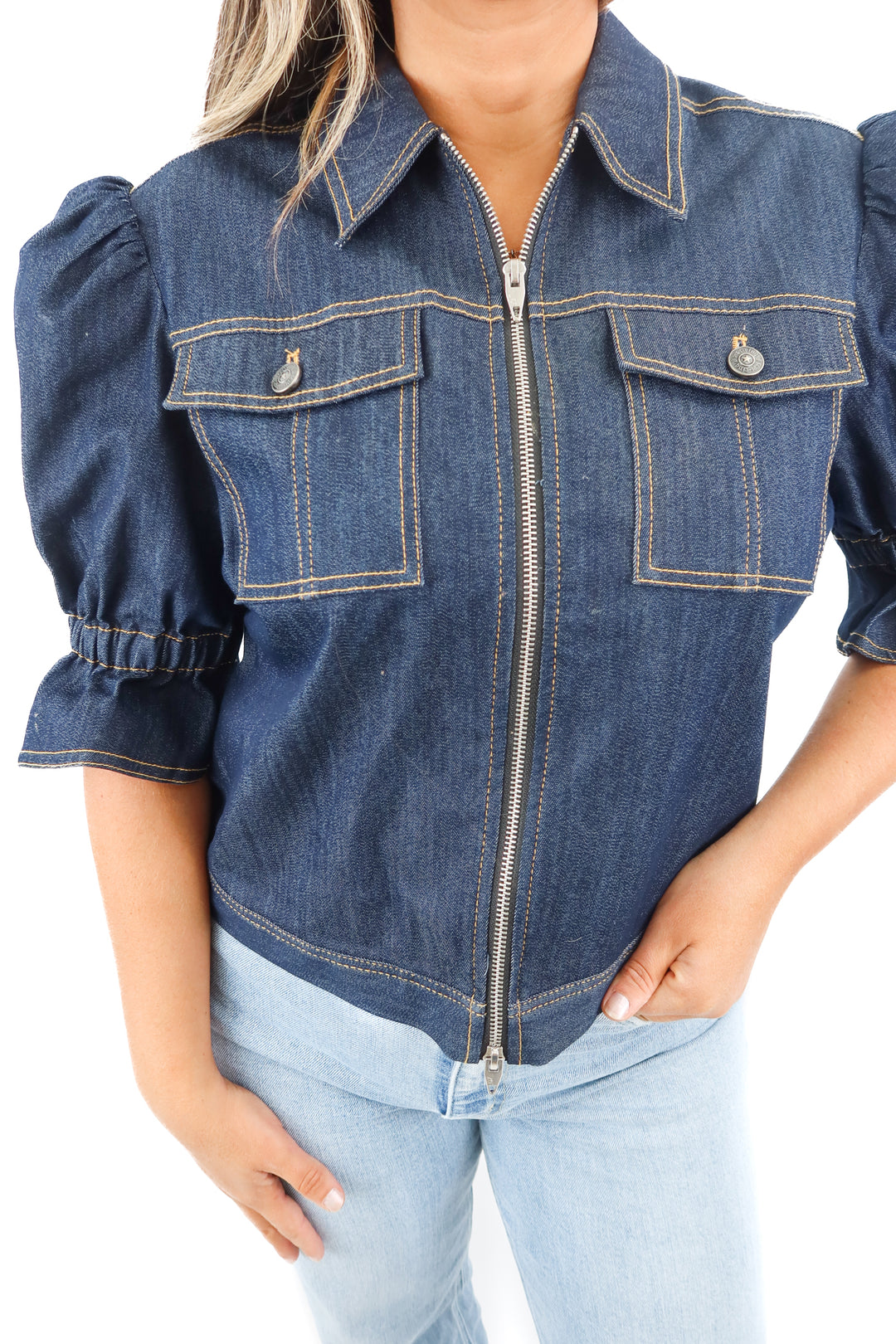 cinq a sept denim zip up top (L; $295)