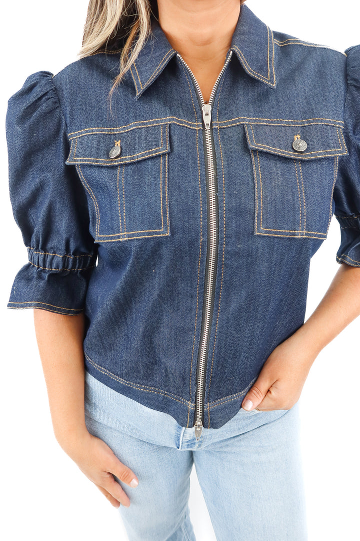 cinq a sept denim zip up top (L; $295)
