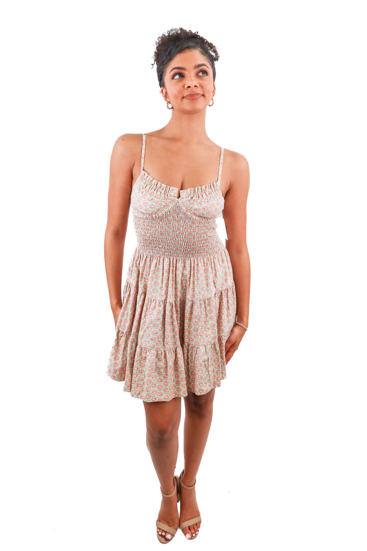 CB Positano tan/pink floral mini dress (S; retail $172)