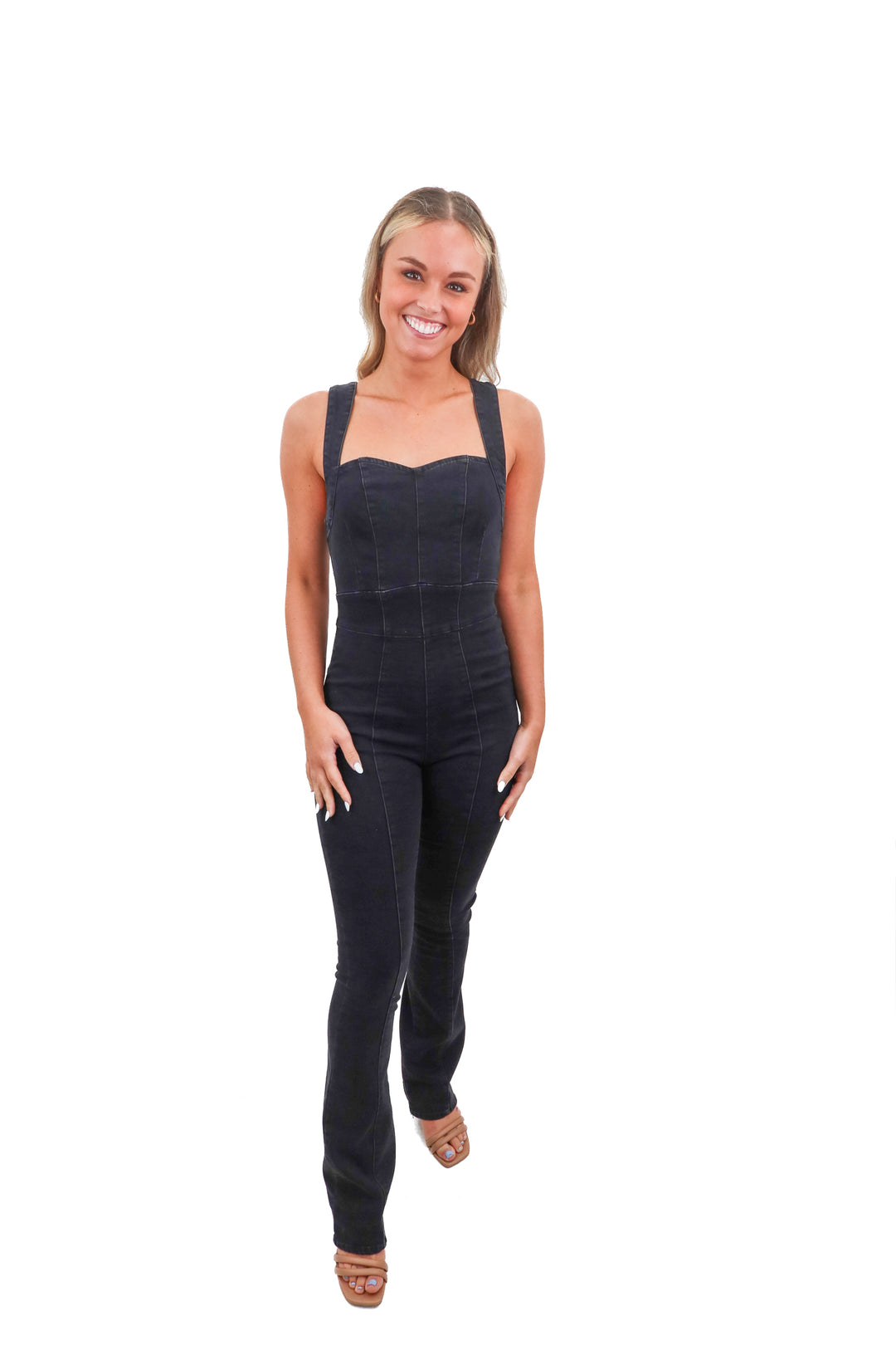 Free people black denim jumpsuit NWT (XS; retail $160)
