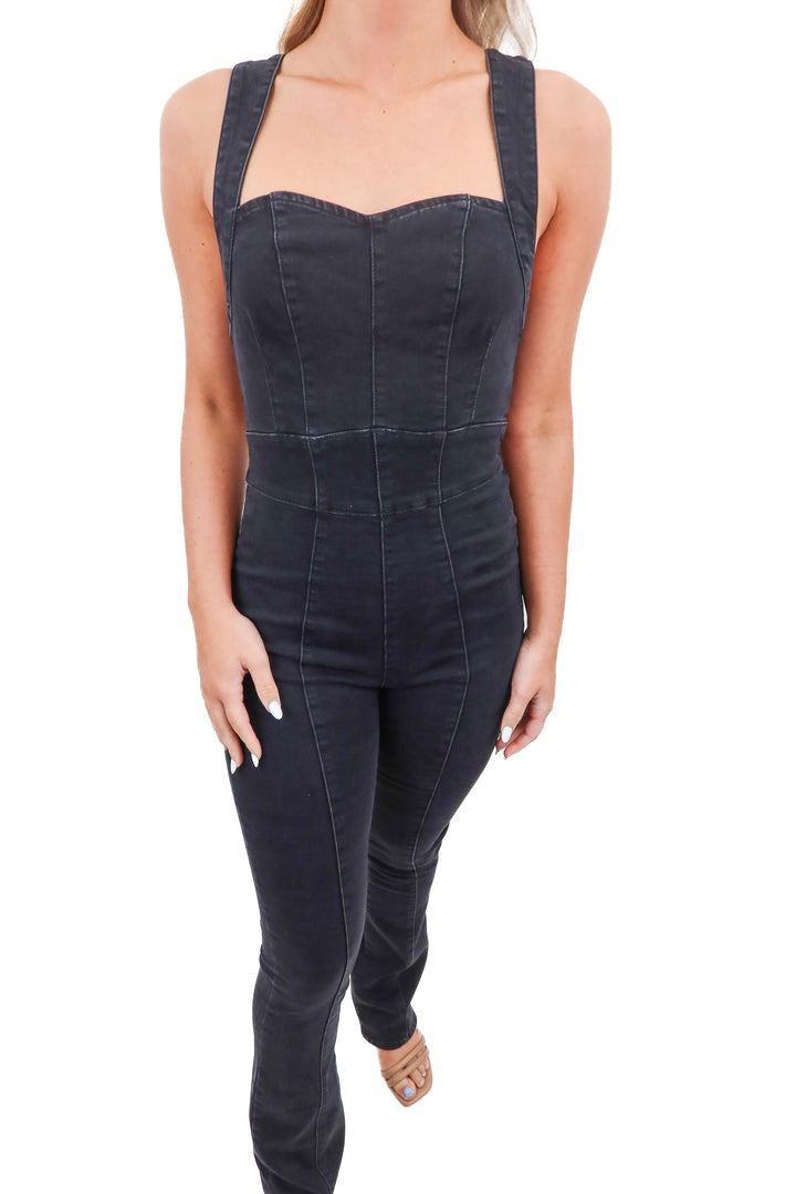 Free people black denim jumpsuit NWT (XS; retail $160)