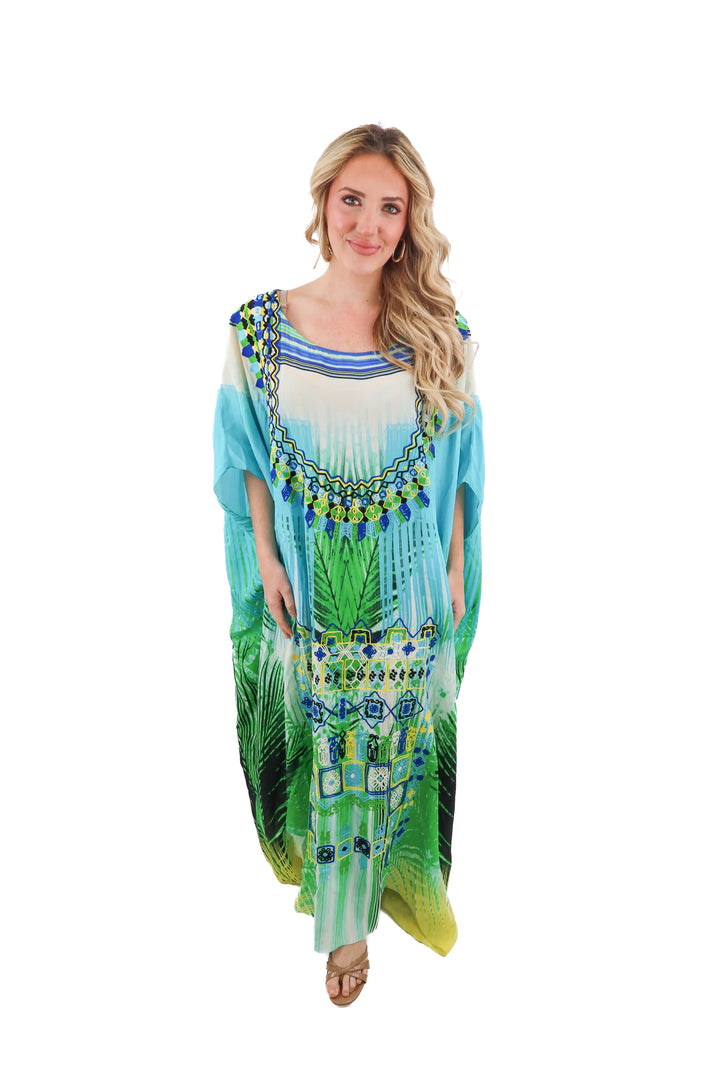 rococo sand blue/green print caftan (S; retail $495)
