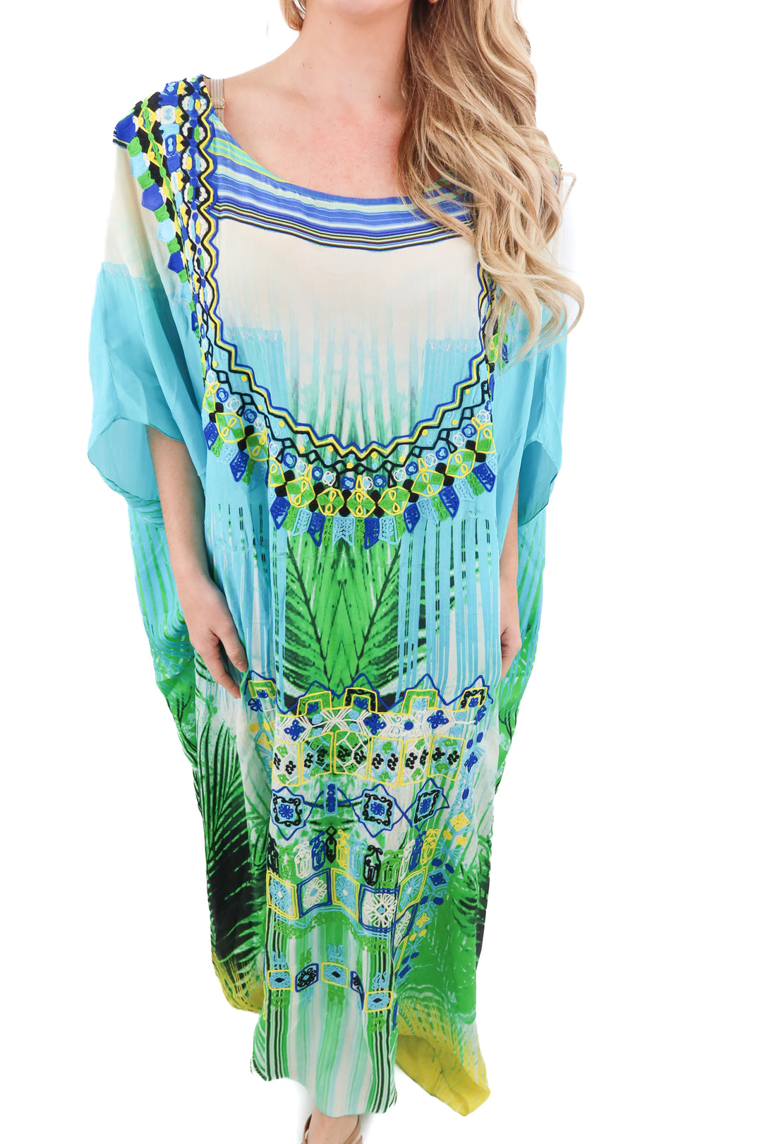 rococo sand blue/green print caftan (S; retail $495)