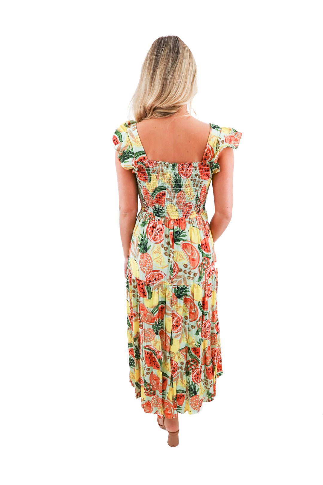 By the River fruit maxi dress (M; retail $70)