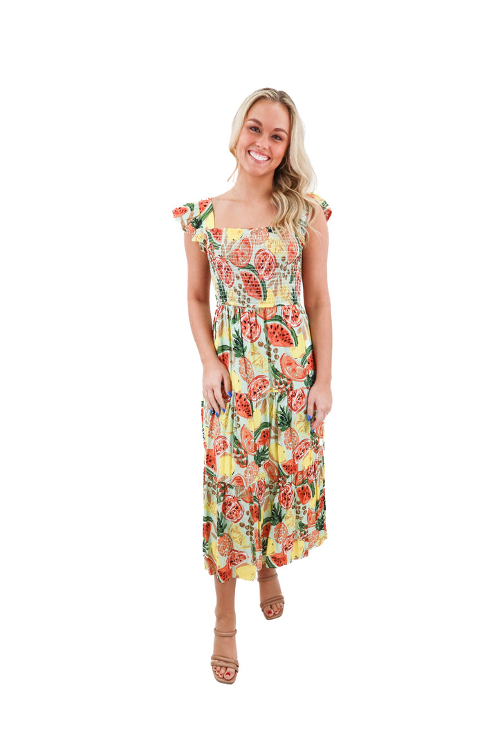 By the River fruit maxi dress (M; retail $70)