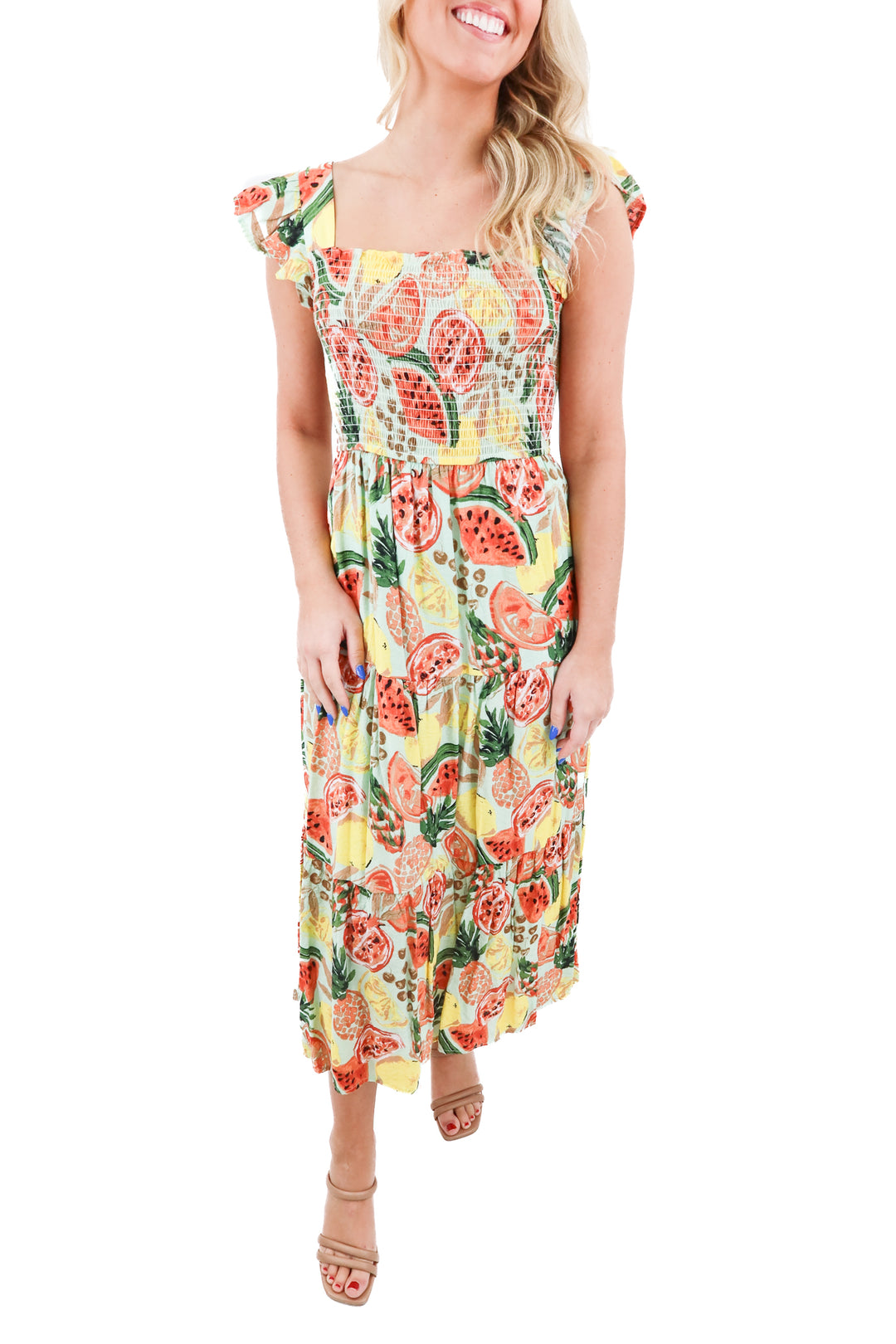 By the River fruit maxi dress (M; retail $70)