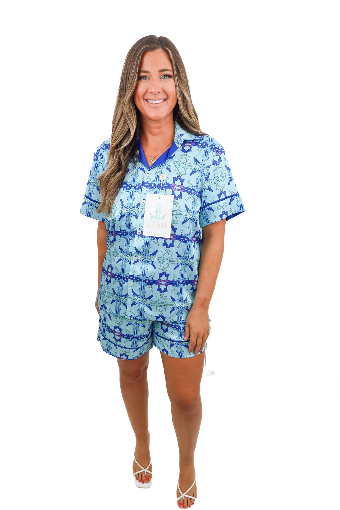 leah blue printed reversible pajama set NWT (xs/s; retail $400)