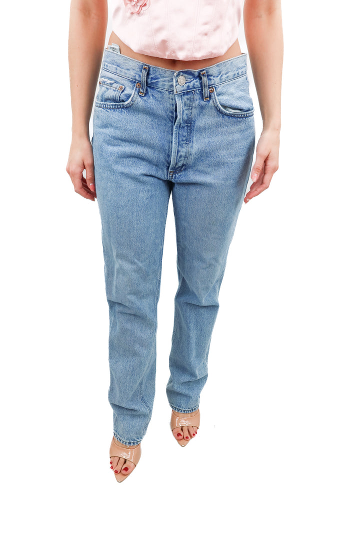 agolde light wash straight leg denim (27; retail $238)
